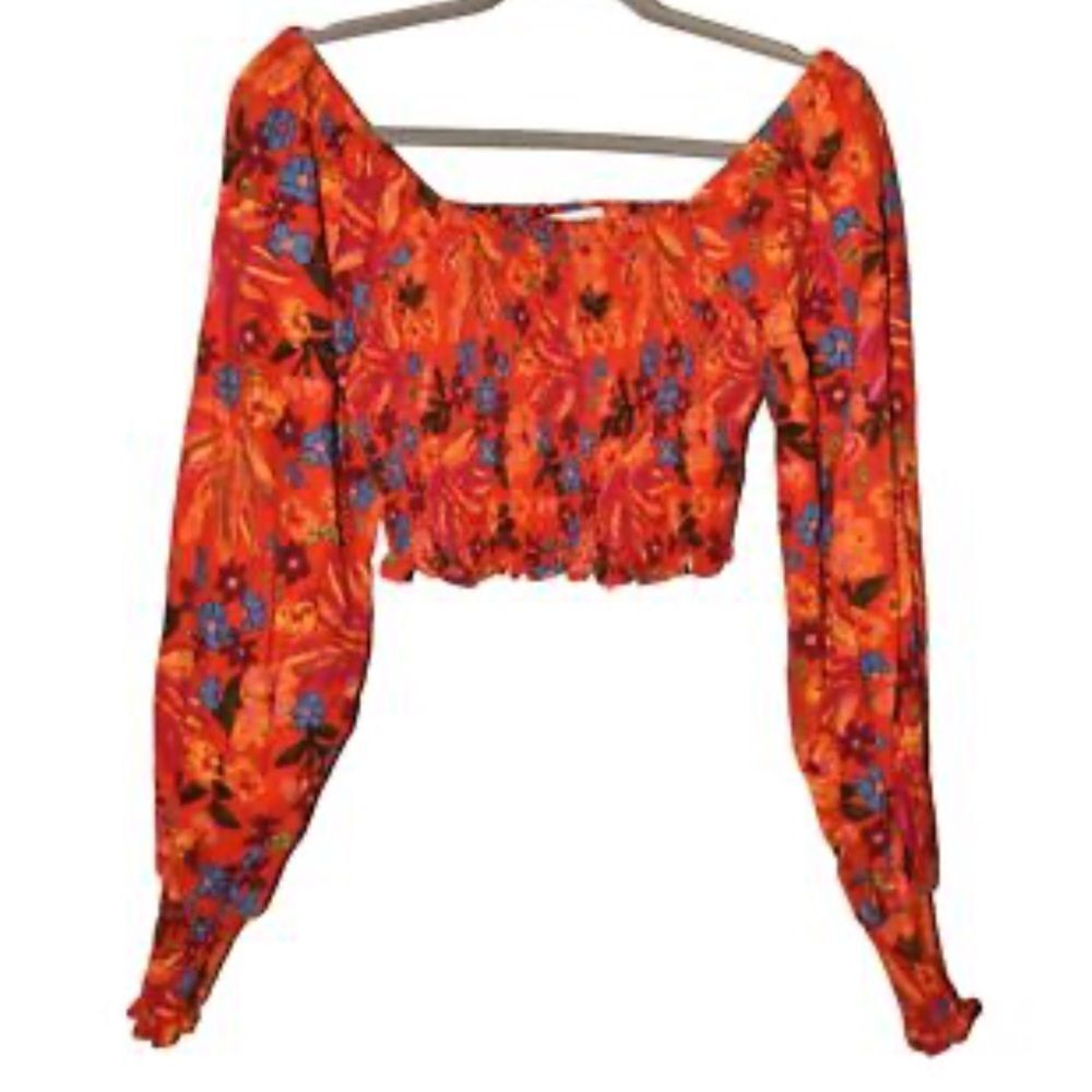MAISON D'AMELIE Boho Chic Linen Smocked Crop Top Orange Floral X Small Floral